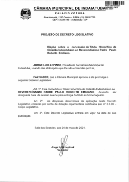 CÂMARA MUNICIPAL DE INDAIATUBAPDL 4/2021 PALÁCIO VOTURA Rua Humana, 1167 Centro - PABX: (19) 3885-7700