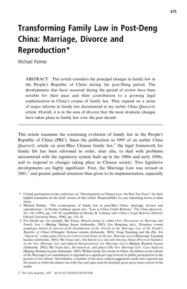 Transforming Family Law in Post-Deng China: Marriage, Divorce and Reproduction*