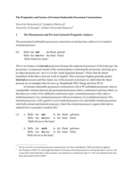 The Pragmatics and Syntax of German Inalienable Possession Constructions University of Georgia1