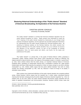 Restoring Historical Understandings of the “Public Interest” Standard of American Broadcasting: an Exploration of the Fairness Doctrine