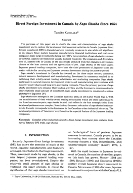 Direct Foreign Investment in Canada by Sogo Shosha Since 1954