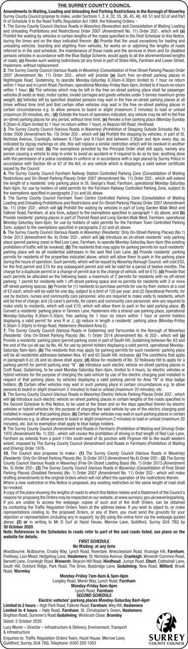 THE SURREY COUNTY COUNCIL Amendments to Waiting, Loading and Unloading and Parking Restrictions in the Borough of Waverley Surre