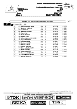 Heats START LIST 5000 Metres MEN Alkuerät OSANOTTAJALUETTELO