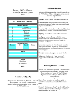 Fantasy AGE – Monster Creation/Balance Guide Monster Abilities Are Similar, but Slightly Different V.0.31 to PC Abilities