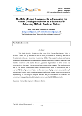 The Role of Local Governments in Increasing the Human Development Index As a Barometer in Achieving Sdgs in Boalemo District