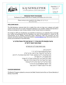 KAJ NEWSLETTER a Monthly Publication of K’Hal Adath Jeshurun Volume 48 Number 1
