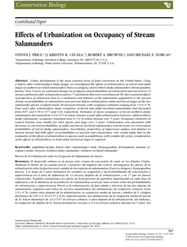 Effects of Urbanization on Occupancy of Stream Salamanders