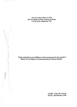 The Gerry Ryan Show on 2FM and the Death of Diana, Princess of Wales a Case-Study, September 1997