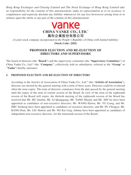 CHINA VANKE CO., LTD.* 萬科企業股份有限公司 (A Joint Stock Company Incorporated in the People’S Republic of China with Limited Liability) (Stock Code: 2202)