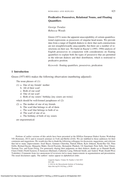 Predicative Possessives, Relational Nouns, and Floating Quantifiers