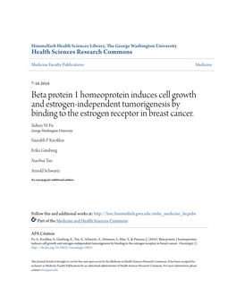 Beta Protein 1 Homeoprotein Induces Cell Growth and Estrogen-Independent Tumorigenesis by Binding to the Estrogen Receptor in Breast Cancer