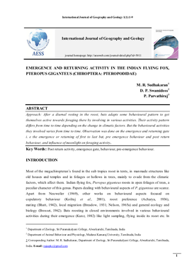 Emergence and Returning Activity in the Indian Flying Fox, Pteropus Giganteus (Chiroptera: Pteropodidae)