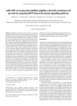 Mir-449 Overexpression Inhibits Papillary Thyroid Carcinoma Cell Growth by Targeting RET Kinase-Β-Catenin Signaling Pathway