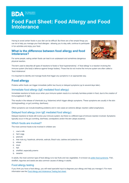 Food Fact Sheet: Food Allergy and Food Intolerance