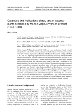 Catalogue and Typifications of New Taxa of Vascular Plants Described by Mårten Magnus Wilhelm Brenner (1843–1930)