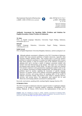 Authentic Assessment for Speaking Skills: Problem and Solution for English Secondary School Teachers in Indonesia