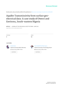 Aquifer Transmissivity from Surface Geo- Electrical Data: a Case Study of Owerri and Environs, South-Eastern Nigeria