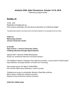 Artefacts XXIII, Adler Planetarium, October 14-16, 2018 Preliminary Program (Draft)