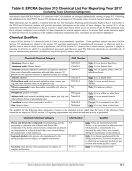 Table II. EPCRA Section 313 Chemical List for Reporting Year 2017 (Including Toxic Chemical Categories)