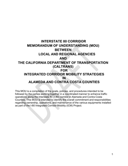 Interstate 80 Corridor Memorandum of Understanding (Mou) Between Local and Regional Agencies and the California Department of T