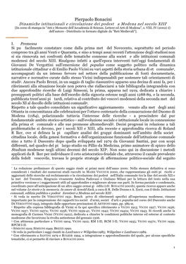 Dinamiche Istituzionali E Circolazione Dei Podestà a Modena Nel Secolo XIII