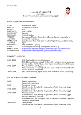 1 Mohamed W. Negm, Phd Acarologist