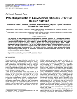 Potential Probiotic of Lactobacillus Johnsonii LT171 for Chicken Nutrition