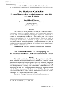 De Florida a Coahuila: El Grupo Mascogo Y La Presencia De Una Cultura Afrocriolla