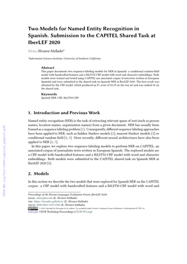 Two Models for Named Entity Recognition in Spanish