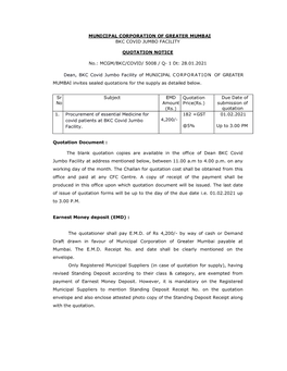 Dean, BKC Covid Jumbo Facility of MUNICIPAL CORPORATION of GREATER MUMBAI Invites Sealed Quotations for the Supply As Detailed Below