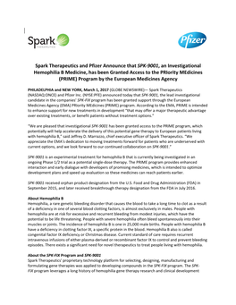 Spark Therapeutics and Pfizer Announce That SPK-9001, An