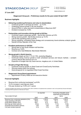 Stagecoach Group Plc – Preliminary Results for the Year Ended 30 April 2007