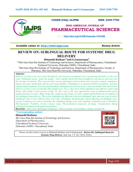 Review On: Sublingual Route for Systemic Drug Delivery