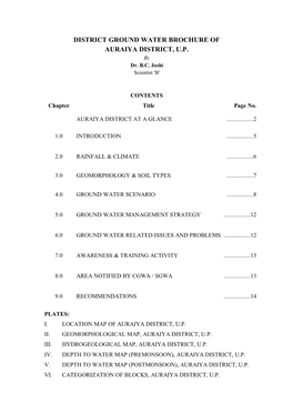 District Ground Water Brochure of Auraiya District, U.P