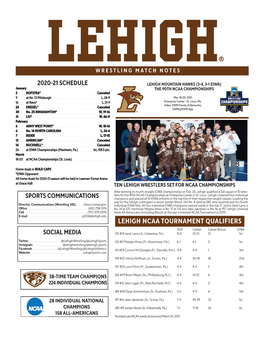 LEHIGH NCAA TOURNAMENT QUALIFIERS 2021 Career Career Bonus EIWA SOCIAL MEDIA 125 #14 Jaret Lane (Jr., Catawissa, Pa.) 8-0 33-13 21 1St