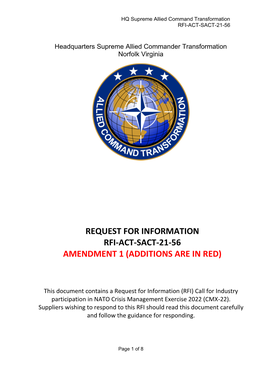 Request for Information Rfi-Act-Sact-21-56 Amendment 1 (Additions Are in Red)