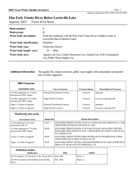 Elm Fork Trinity River Below Lewisville Lake Segment: 0822 Trinity River Basin