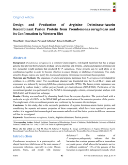 Design and Production of Arginine Deiminase-Azurin Recombinant Fusion Protein from Pseudomonas Aeruginosa and Its Confirmation by Western Blot