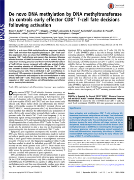 De Novo DNA Methylation by DNA Methyltransferase 3A Controls Early Effector CD8+ T-Cell Fate Decisions Following Activation