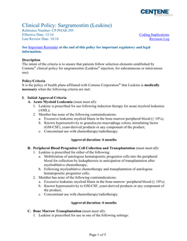 Sargramostim (Leukine) Reference Number: CP.PHAR.295 Effective Date: 12/16 Coding Implications Last Review Date: 10/16 Revision Log