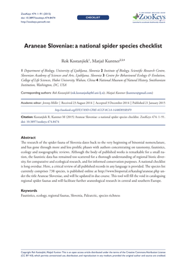﻿Araneae Sloveniae: a National Spider Species Checklist