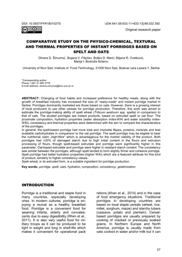 Comparative Study on the Physico-Chemical, Textural and Thermal Properties of Instant Porridges Based on Spelt and Oats Introduc