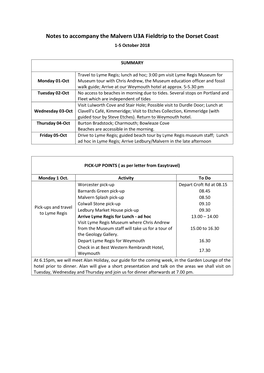 Notes to Accompany the Malvern U3A Fieldtrip to the Dorset Coast 1-5 October 2018