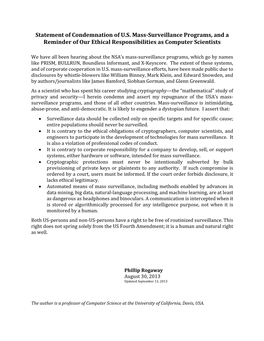 Statement of Condemnation of U.S. Mass-Surveillance Programs, and a Reminder of Our Ethical Responsibilities As Computer Scientists
