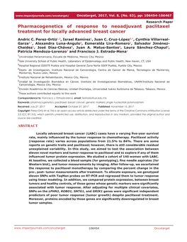 Pharmacogenetics of Response to Neoadjuvant Paclitaxel Treatment for Locally Advanced Breast Cancer