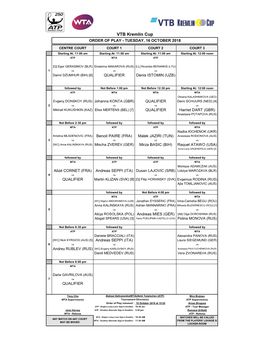 VTB Kremlin Cup ORDER of PLAY - TUESDAY, 16 OCTOBER 2018