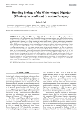 Breeding Biology of the White-Winged Nightjar (Eleothreptus Candicans) in Eastern Paraguay