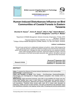 Human-Induced Disturbances Influence on Bird Communities of Coastal Forests in Eastern Tanzania