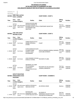 AT JINJA CIVIL REGISTRY CAUSELIST for the SITTINGS of : 01-10-2018 to 05-10-2018