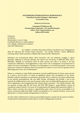 XVII SIMPOSIO INTERNAZIONALE MARIOLOGICO Pontificia Facoltà Teologica «Marianum» 6‐9 Ottobre 2009